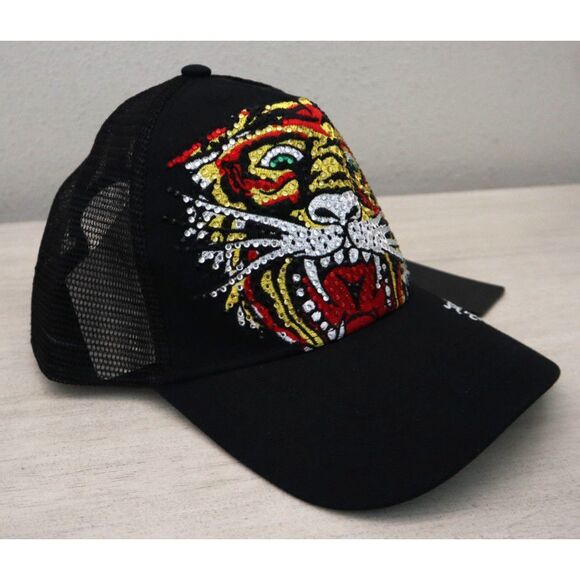 Ed Hardy Men's O/S Black Embroidered Tiger Head Mesh Snapback Trucker Hat - Picture 3 of 10